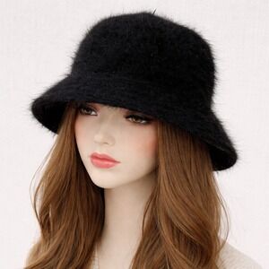 DNY Black Angora Blend Fuzzy Cloche Bucket Hat Bell Style Womens